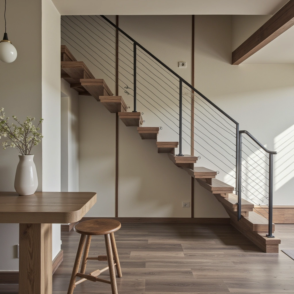 7. Floating Staircase with Cable Railings