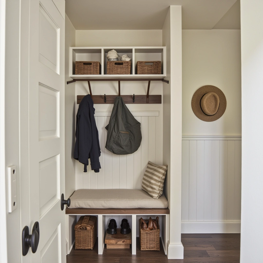 4. Mini Mudroom with Hooks and Bench