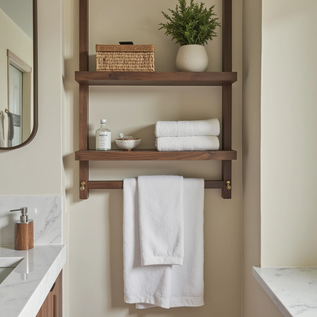 11. Wooden Towel Shelves with Bars
