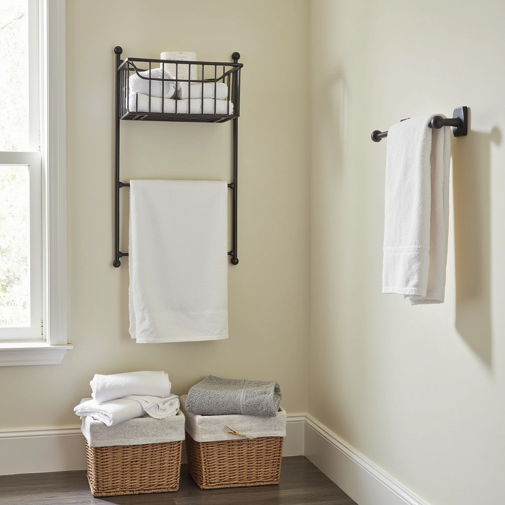 17. Towel Racks with Storage Baskets