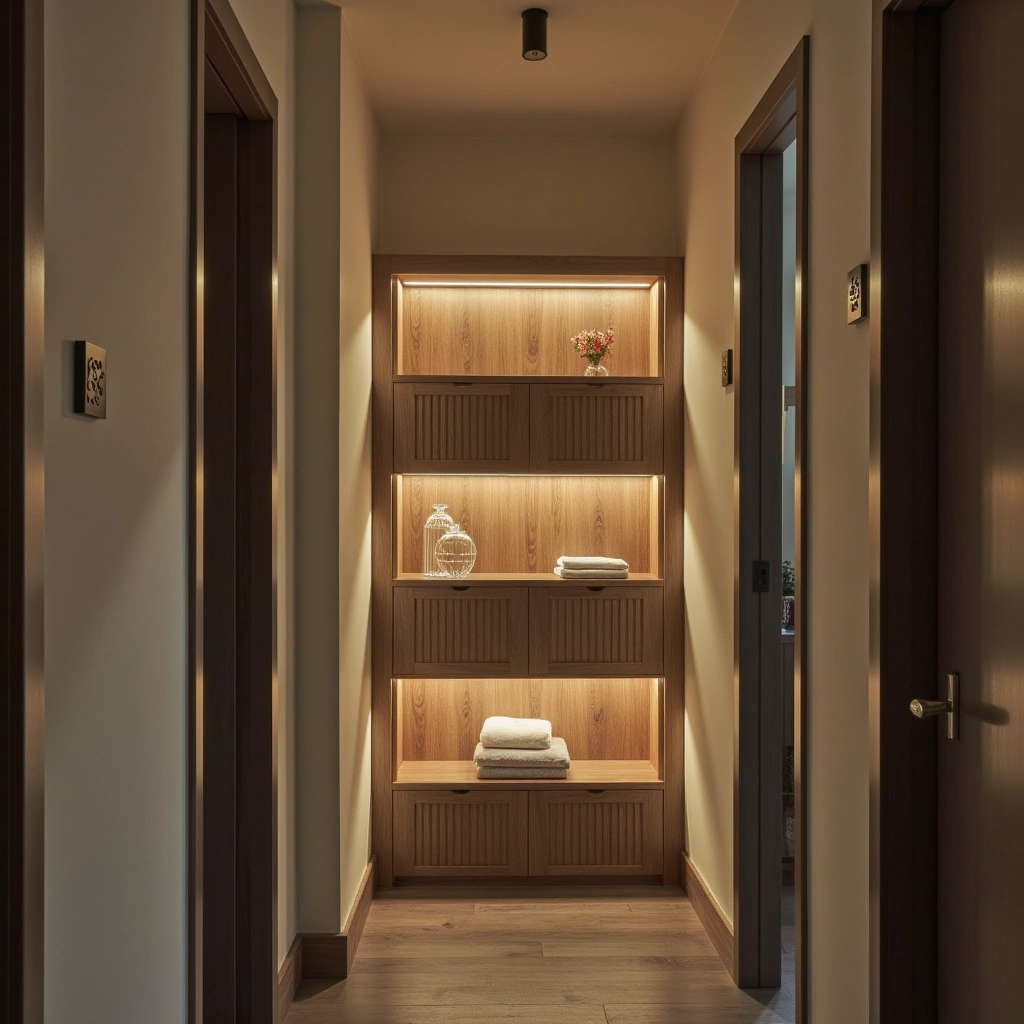 3. Corner Shelves with Built-in Lighting for Ambiance