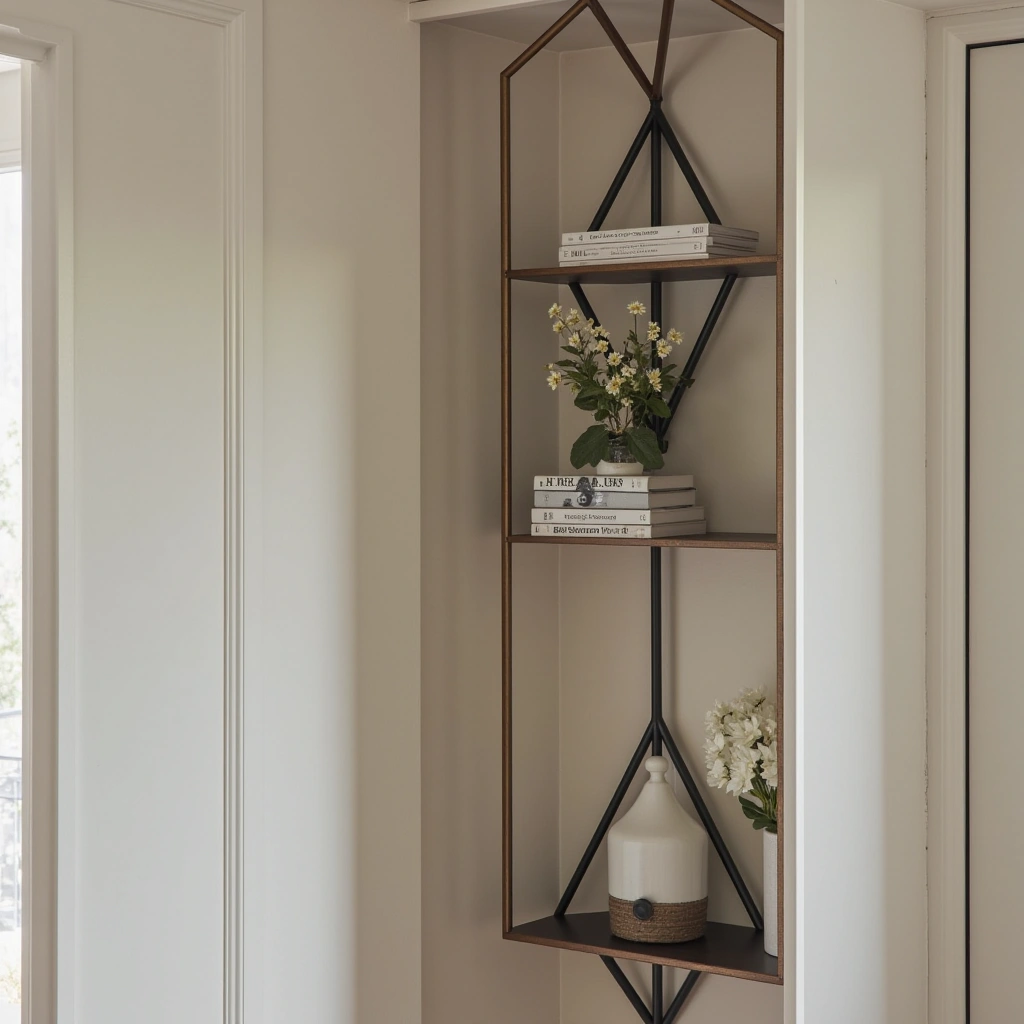 4. Geometric Metal Frame Corner Shelves for Artistic Flair