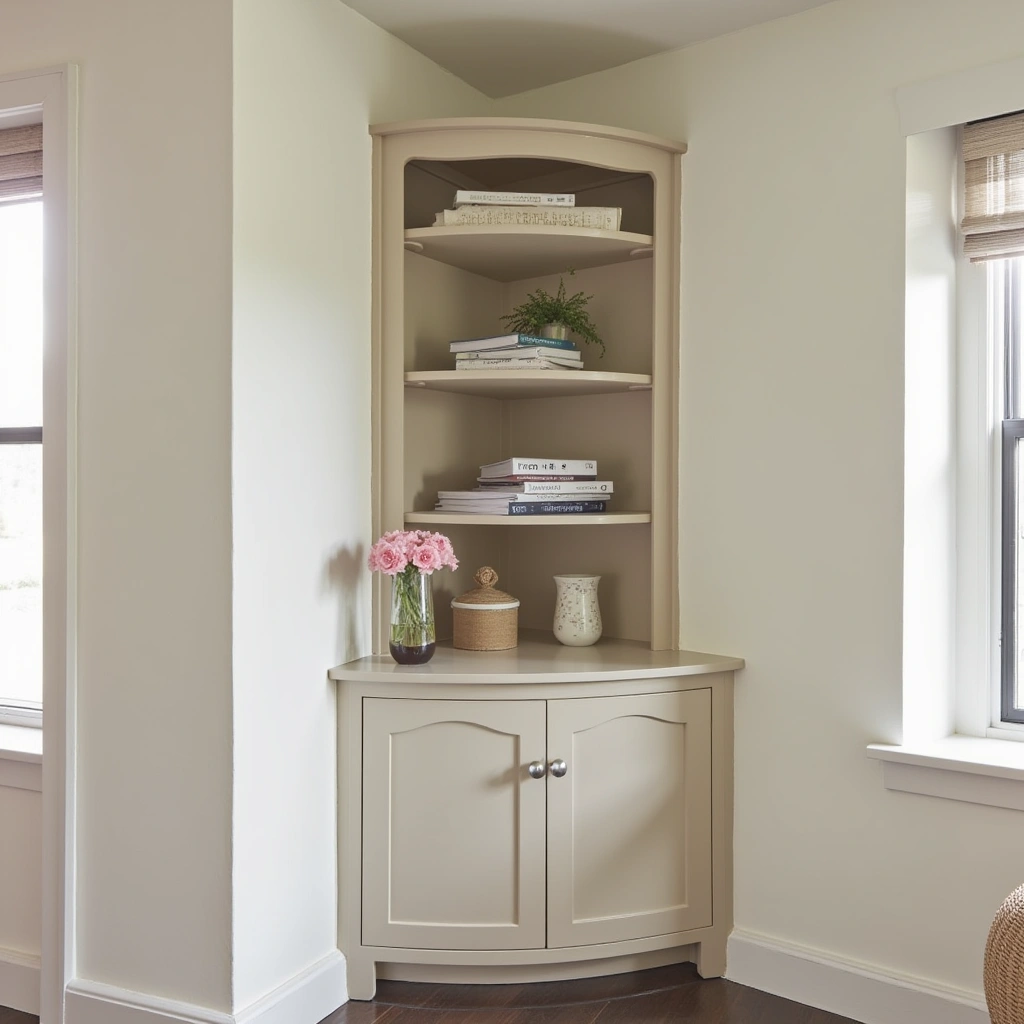 5. Corner Shelves with Hidden Storage for Clutter Control
