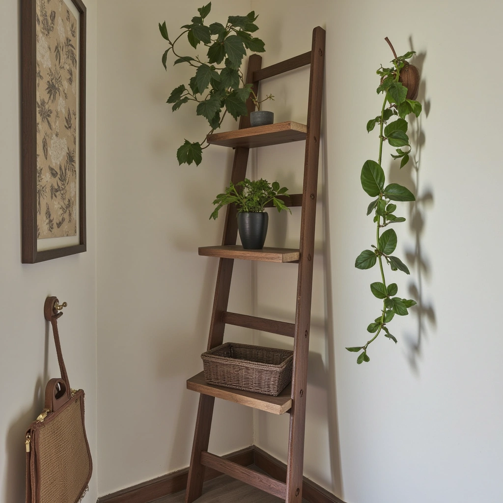 7. Rustic Ladder-Style Corner Shelves for Casual Elegance