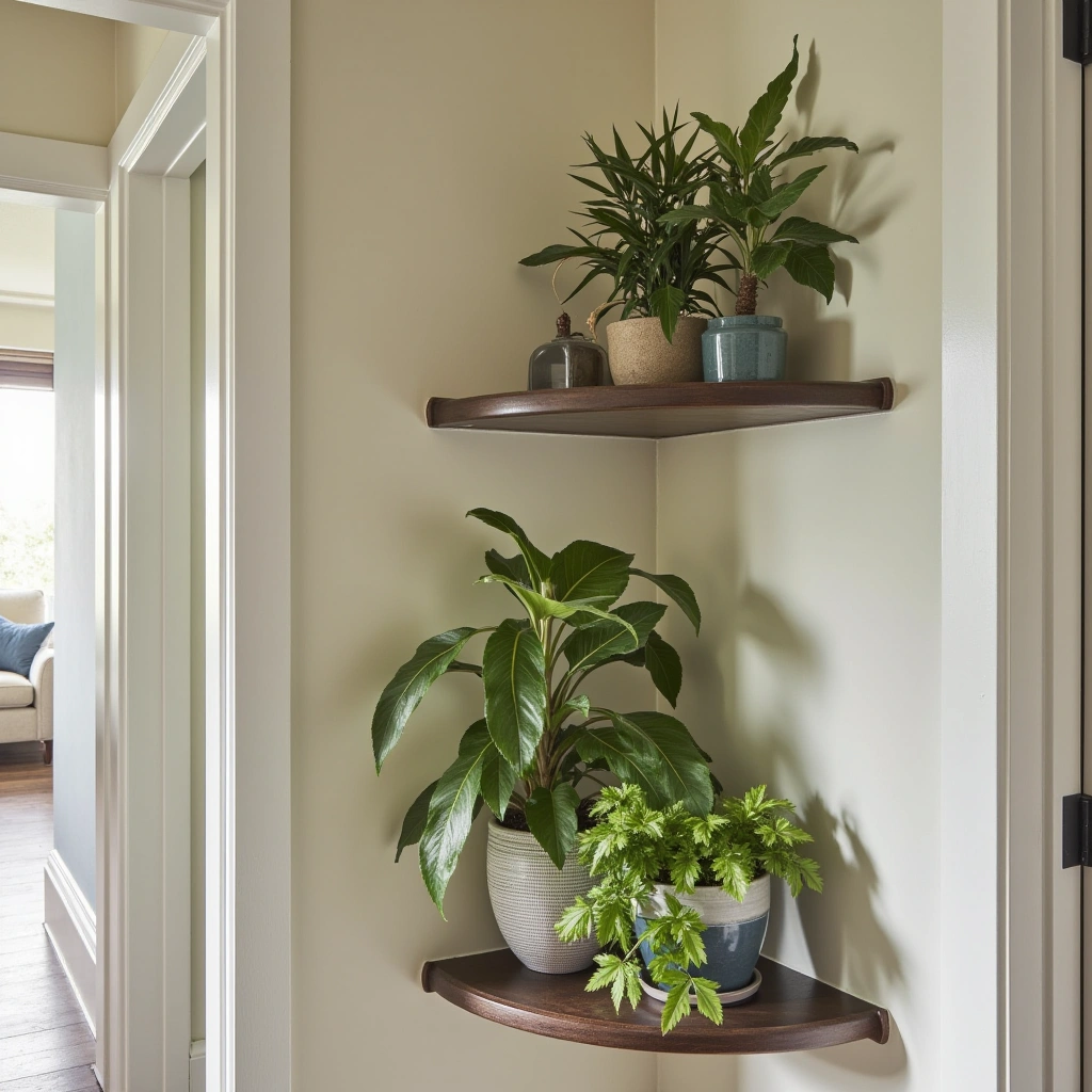 8. Floating Corner Shelves with Plants for a Fresh Touch