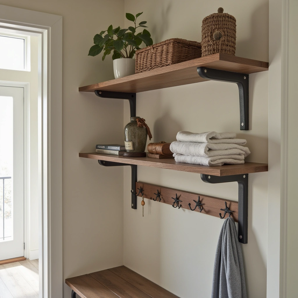 10. Corner Shelves with Hooks for Dual Utility