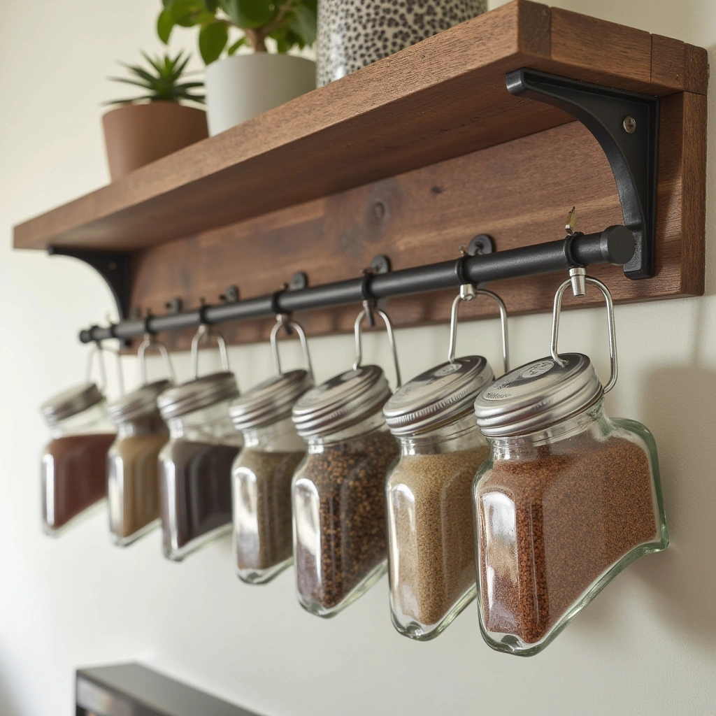 3. Hanging Spice Jars from a Wooden Rack