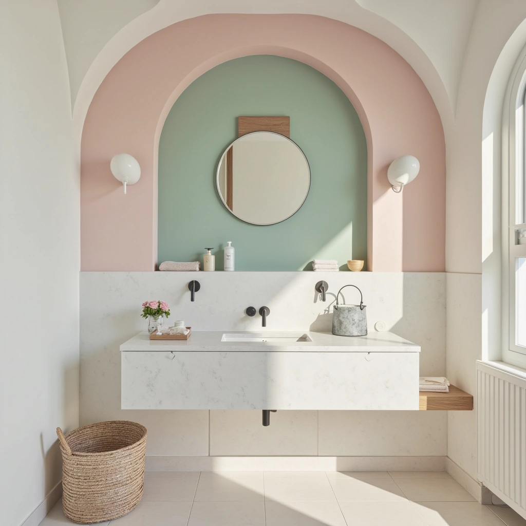 7. Pastel-Toned Arched Mirror for Soft Ambiance