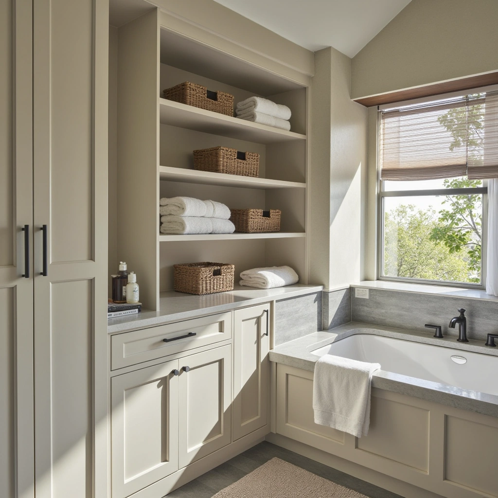 3. Open Shelf Corner Vanity for Storage Display