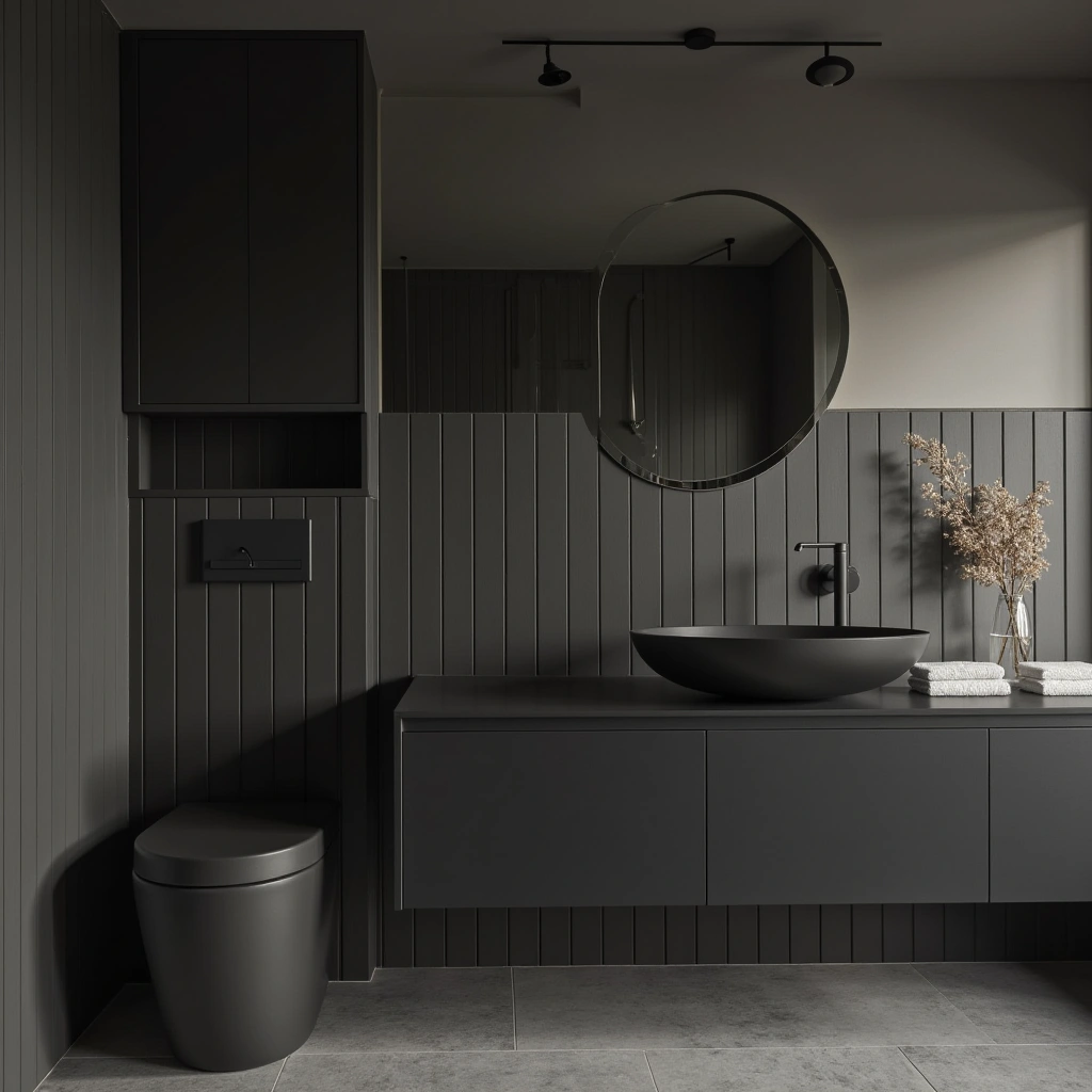 7. Minimalist Matte Black Corner Vanity