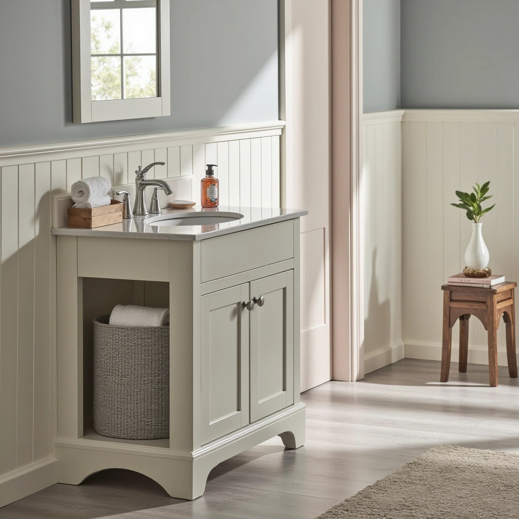8. Corner Vanity with Built-In Hamper
