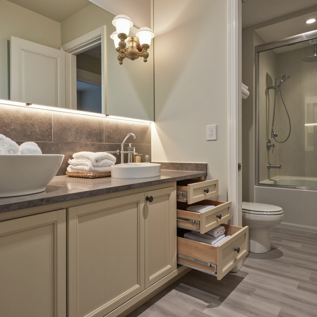 15. Compact Corner Vanity with Pull-Out Drawers