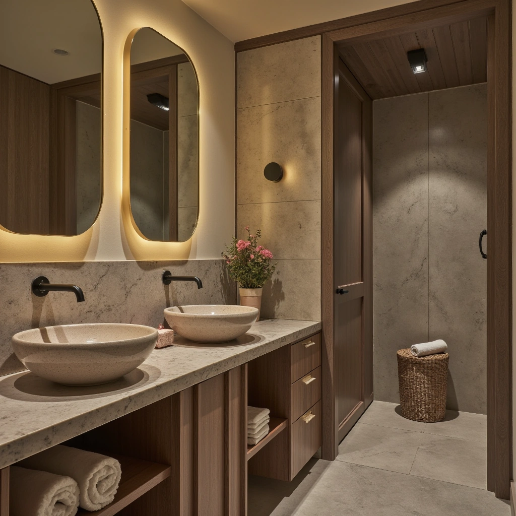 6. Spa-Inspired Double Sink with Natural Stone and Soft Lighting: Relaxing Oasis