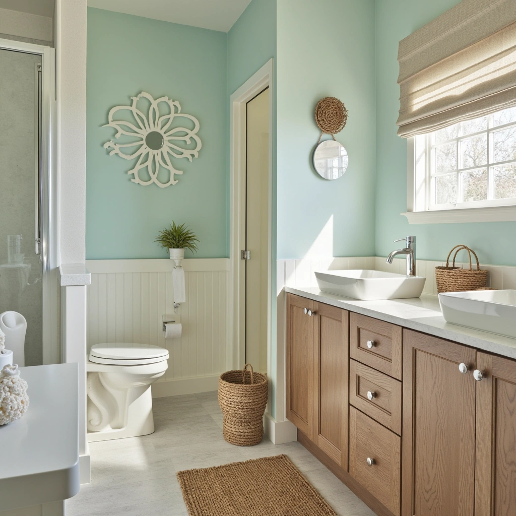 11. Coastal Double Sink Vanity with Light Wood and Sea-Inspired Colors: Breezy Feel