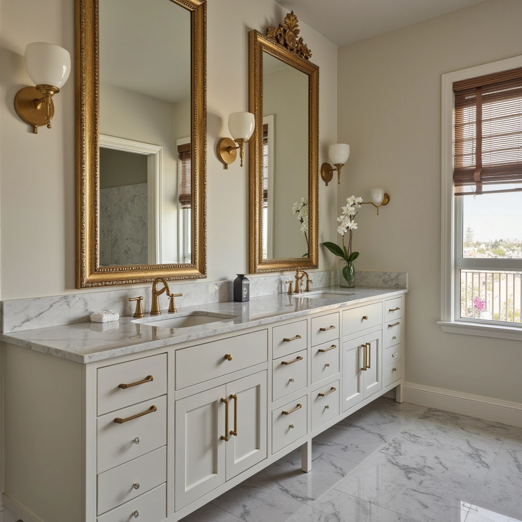 12. Double Sink Vanity with Marble and Gold Fixtures: Glamorous Touch
