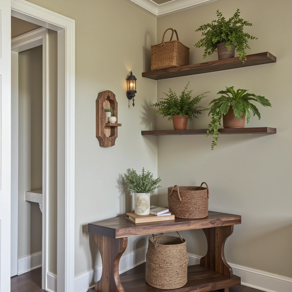 9. Rustic Corner with Reclaimed Wood Shelves