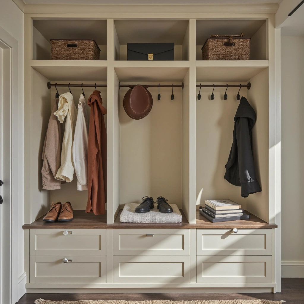 15. Custom Built-In Shelving with Hooks and Drawers