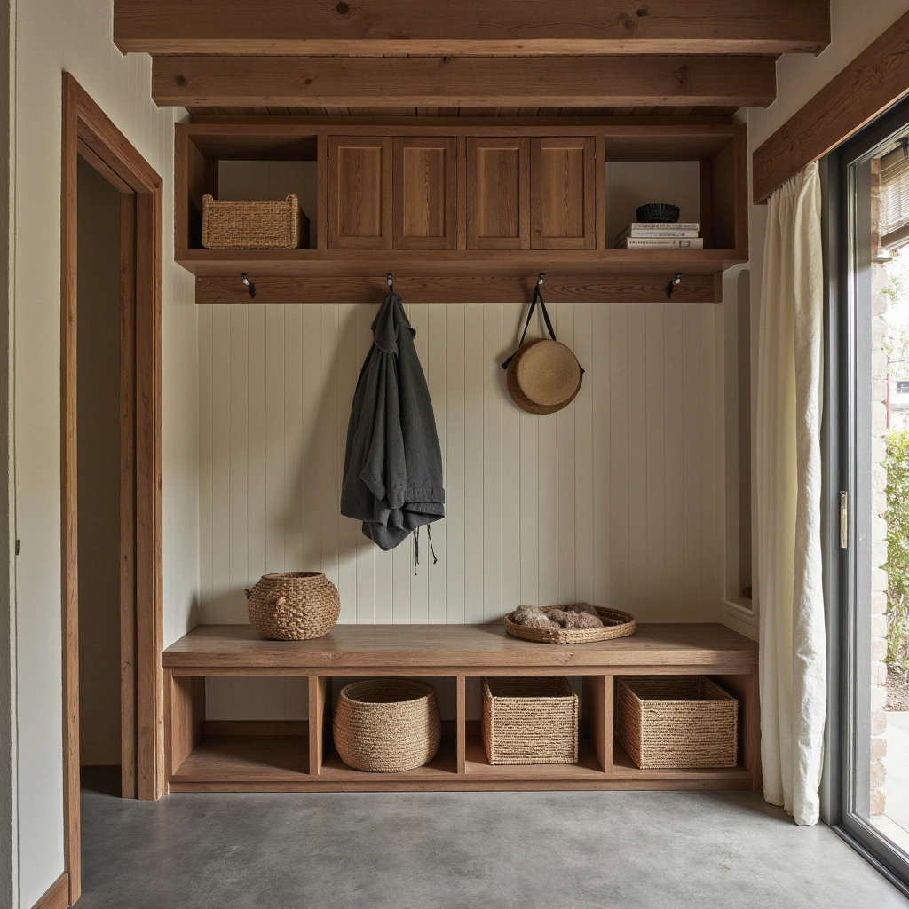 11. Rustic Mudroom with Natural Wood Elements