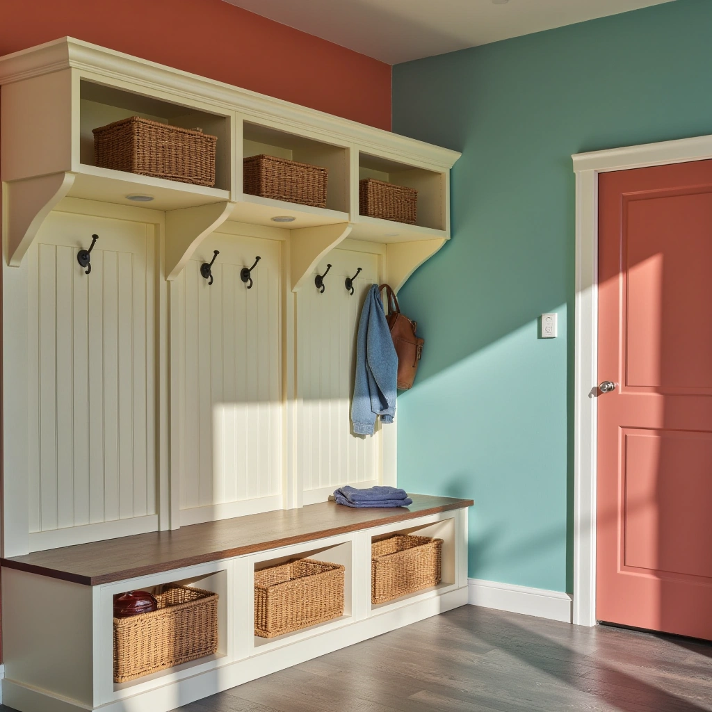 13. Vibrant Mudroom with Colorful Accents