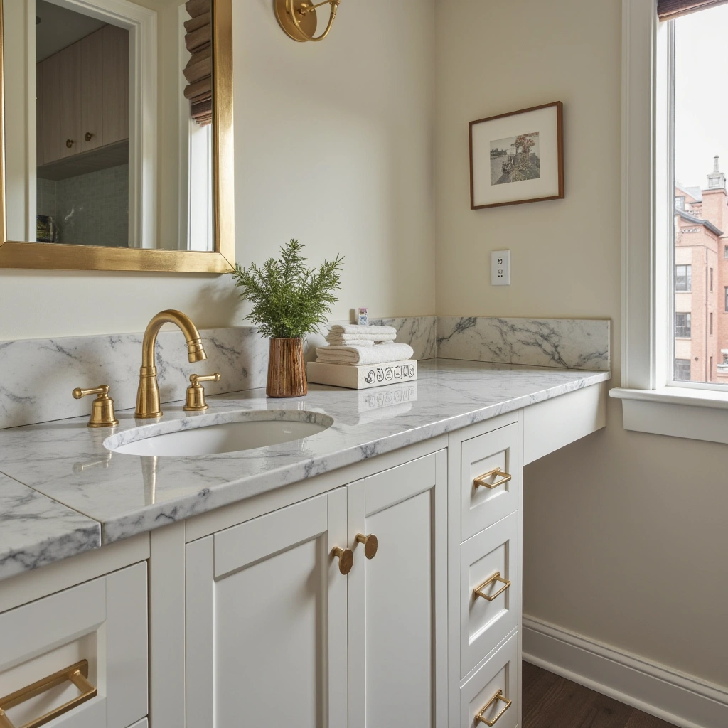 15. Vanity with Marble Countertop and Gold Accents