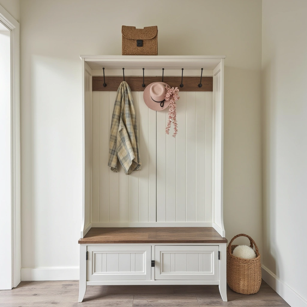 3. Farmhouse Style Hook Rack with Shelf