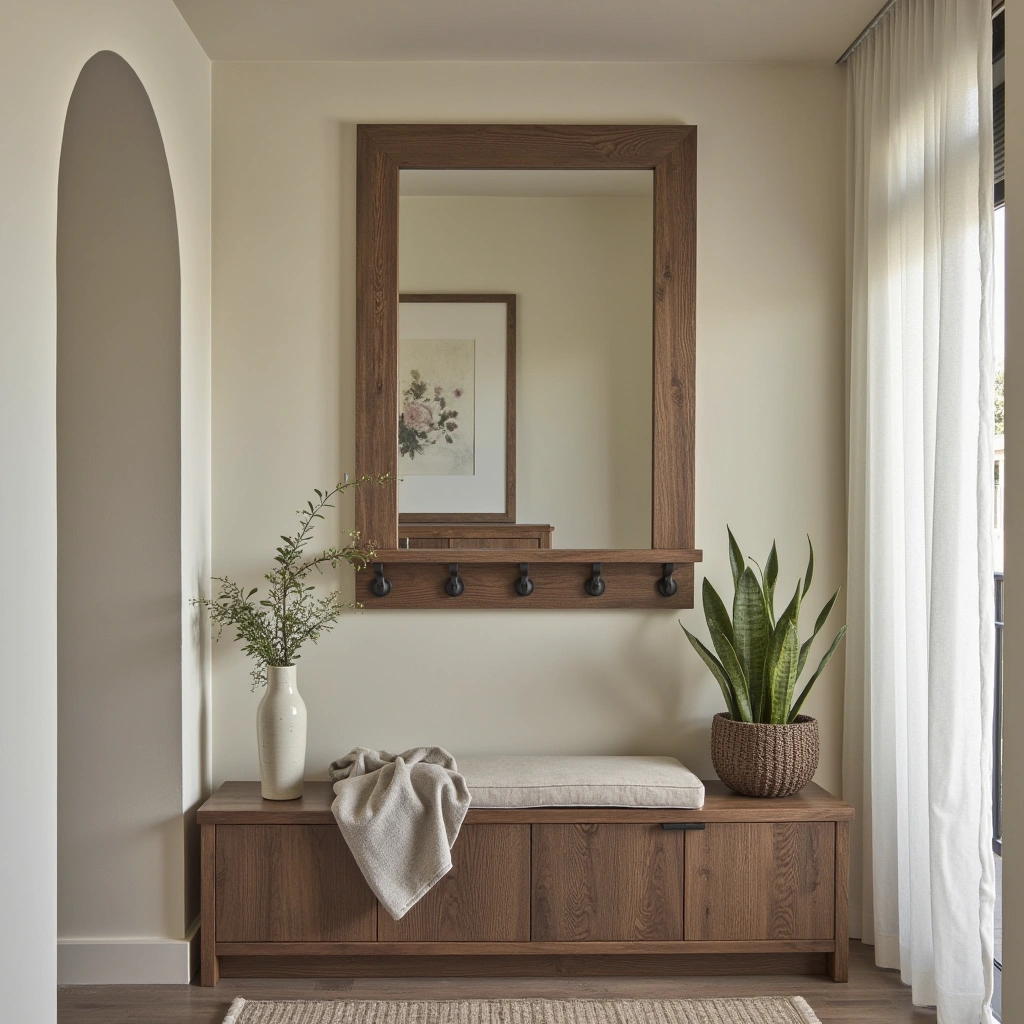 1. Classic Wooden Frame Mirror with Rustic Hooks