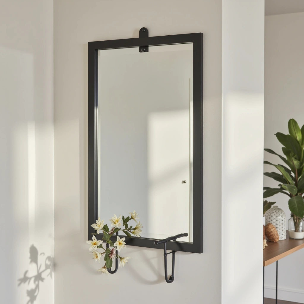 2. Sleek Black Metal Mirror with Minimalist Hooks