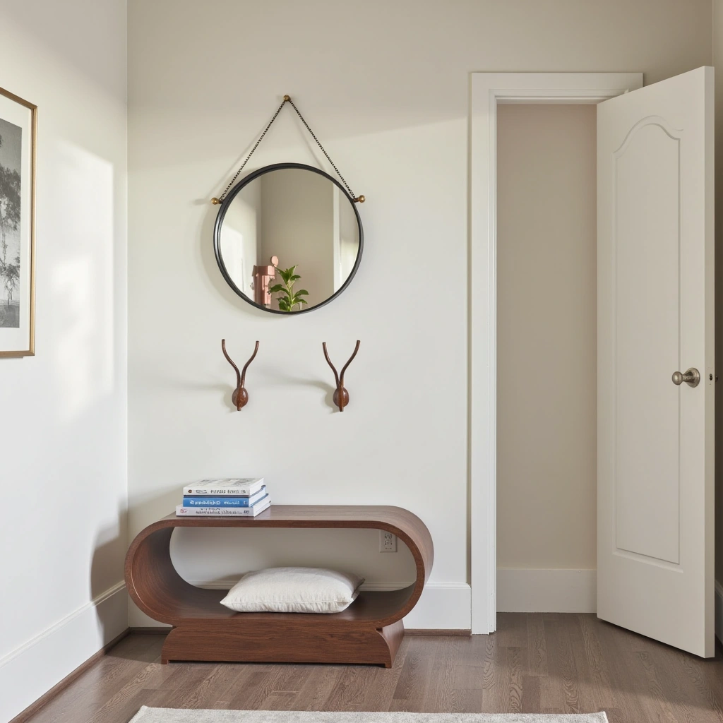 3. Round Mirror with Curved Hooks for a Soft Look