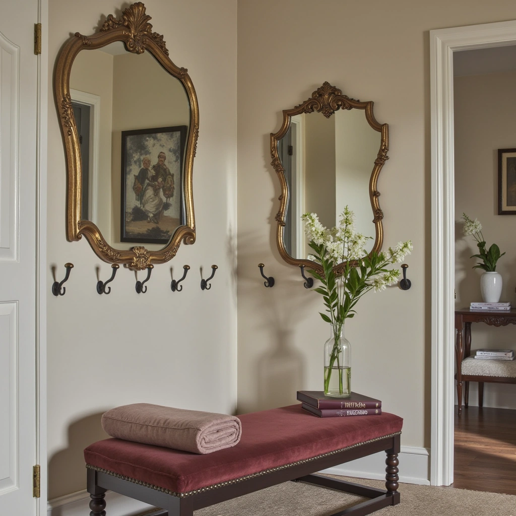 5. Vintage Mirror with Ornate Hooks for Old-World Glam