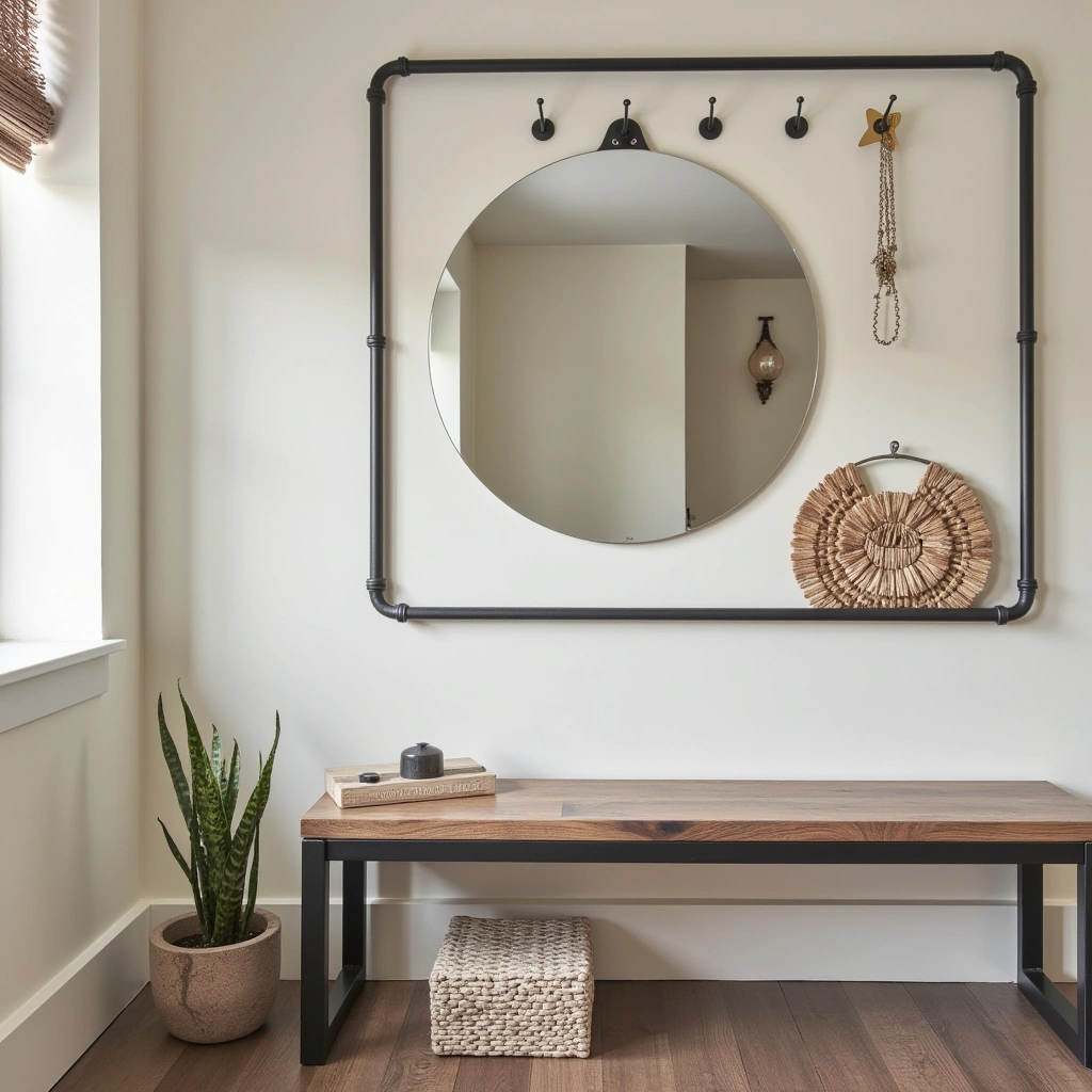 7. Industrial Pipe Mirror with Metal Hooks for a Raw Edge