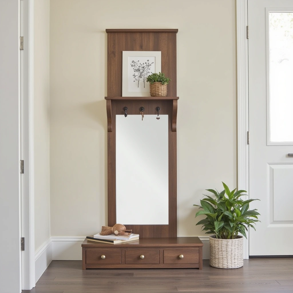 9. Mirror with Shelf and Hooks for Extra Storage
