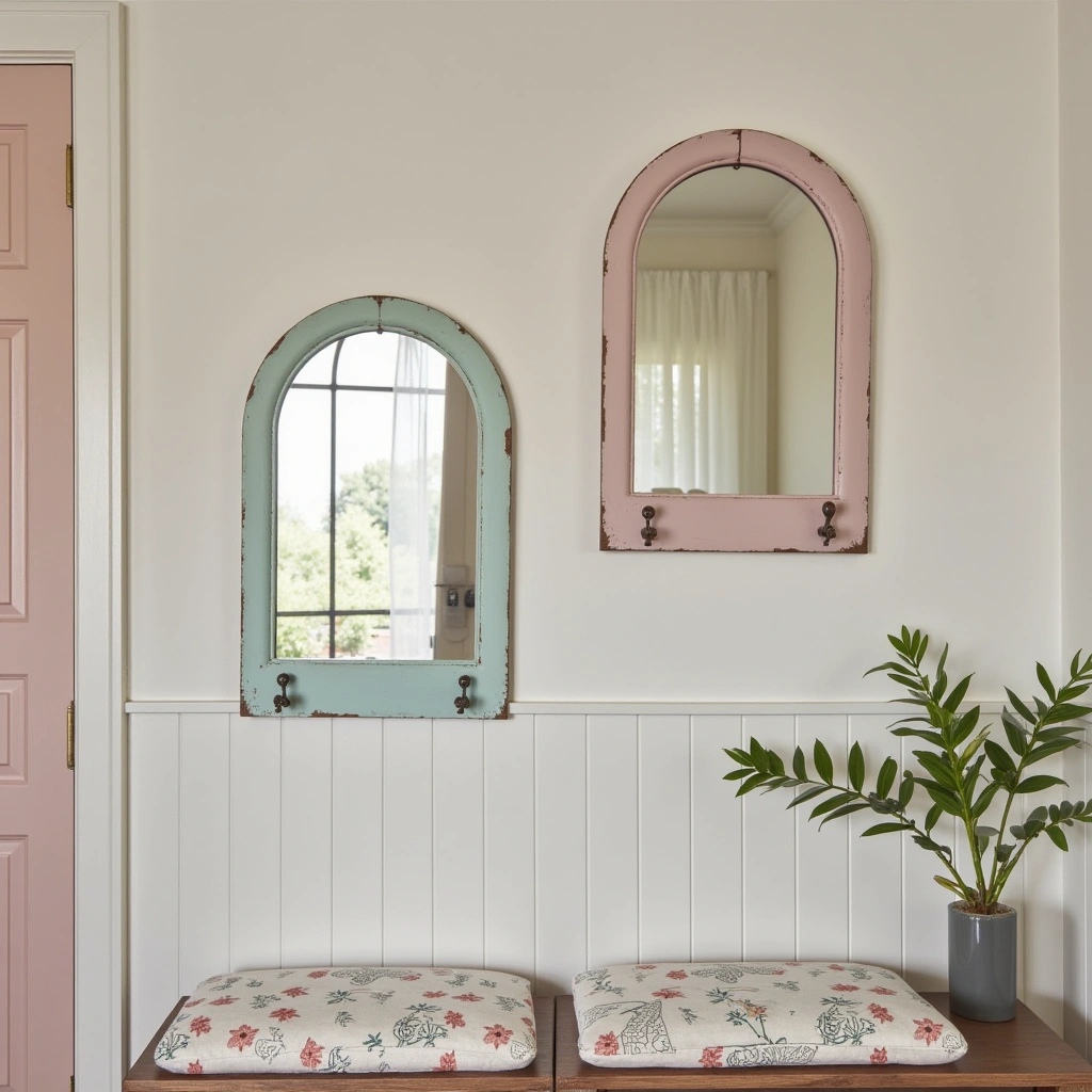 13. Shabby Chic Mirror with Distressed Hooks for Vintage Flair