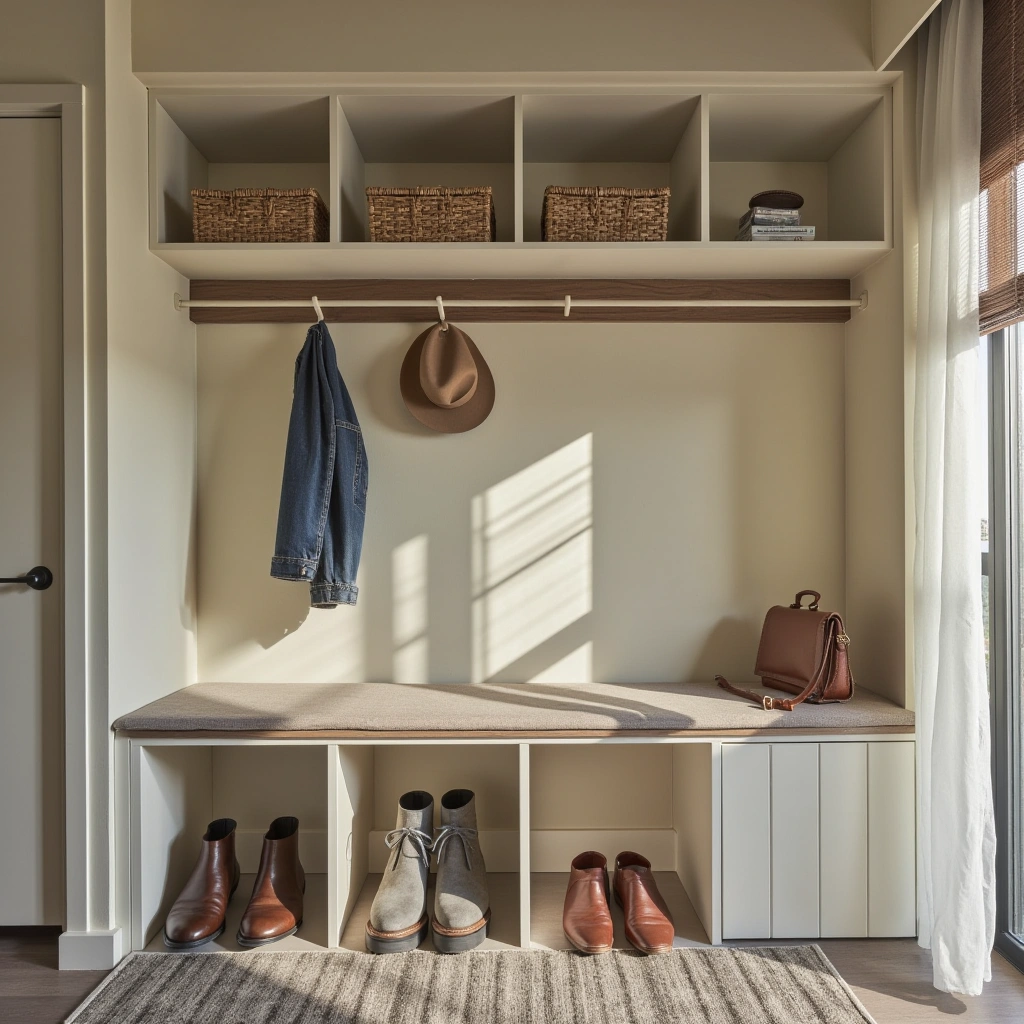 5. Bench with Wall Shoe Storage: Functional and Comfortable