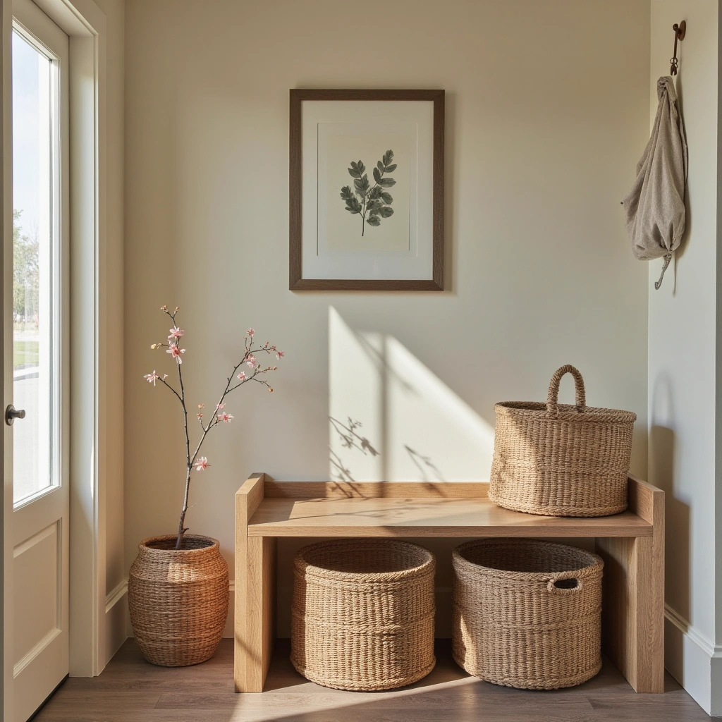 1. Woven Rattan Baskets on a Wooden Bench