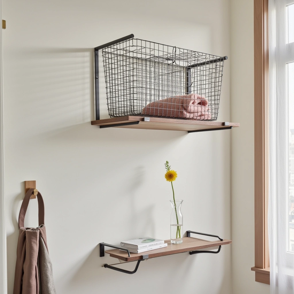 2. Industrial Wire Baskets on Floating Shelves