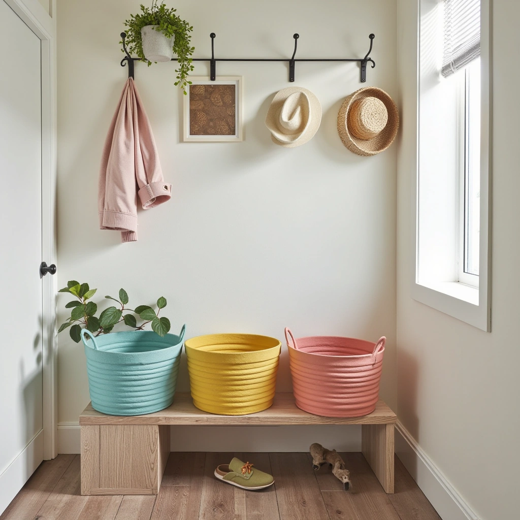 6. Vibrant Painted Baskets for a Playful Entryway