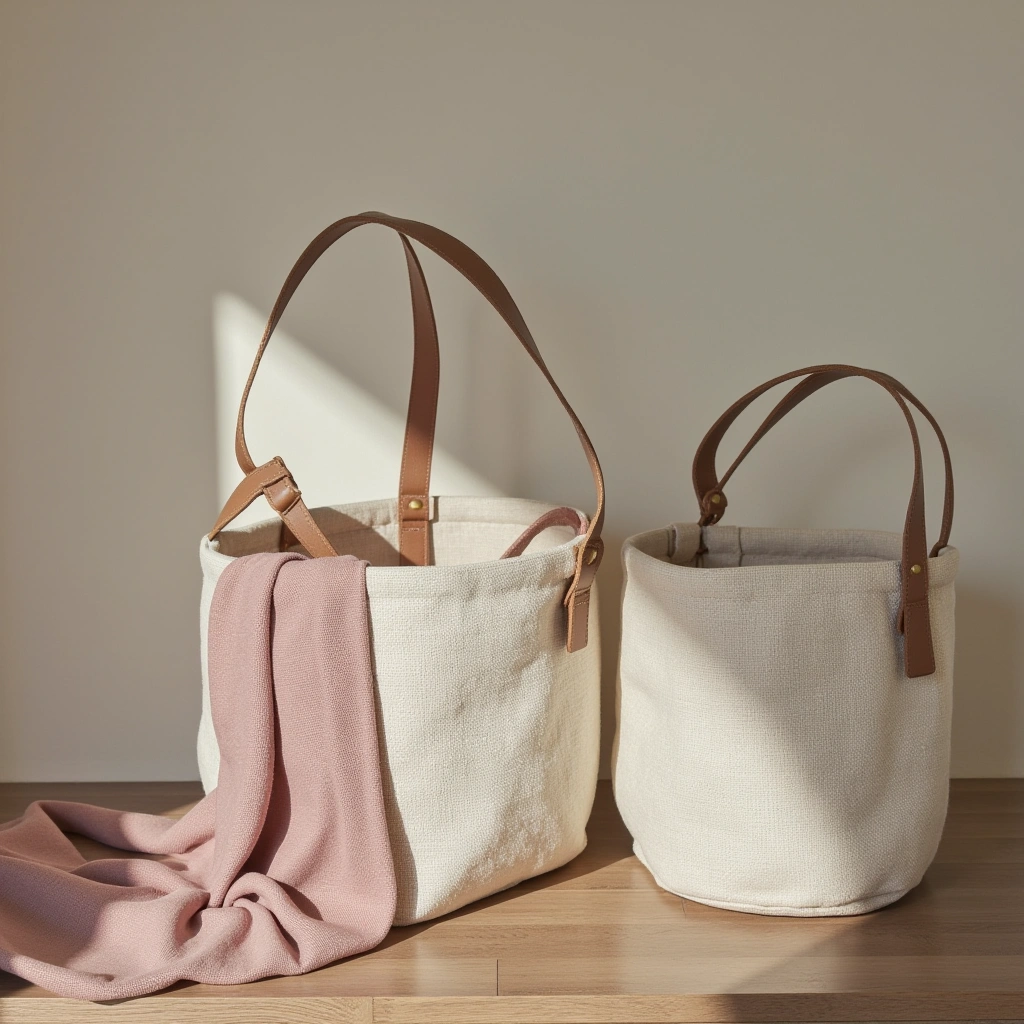 7. Neutral Linen Baskets with Leather Handles