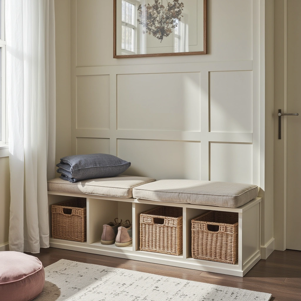 10. Entryway Bench with Built-In Basket Storage