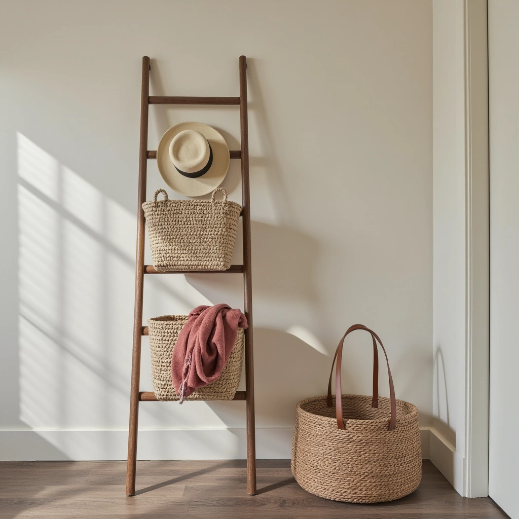 11. Minimalist Basket Ladder for Vertical Organization