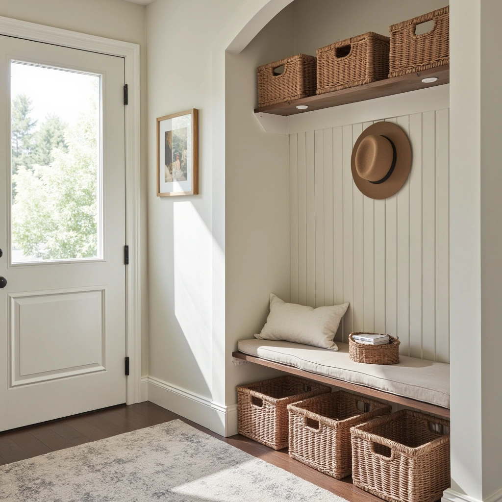 13. Seasonal Basket Rotation for Organized Entryways