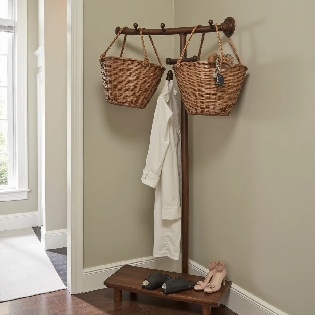 15. Hanging Baskets on Entryway Coat Racks