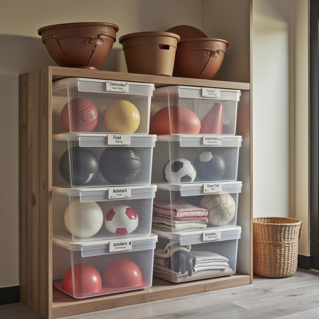10. Clear Plastic Storage Bins with Labels