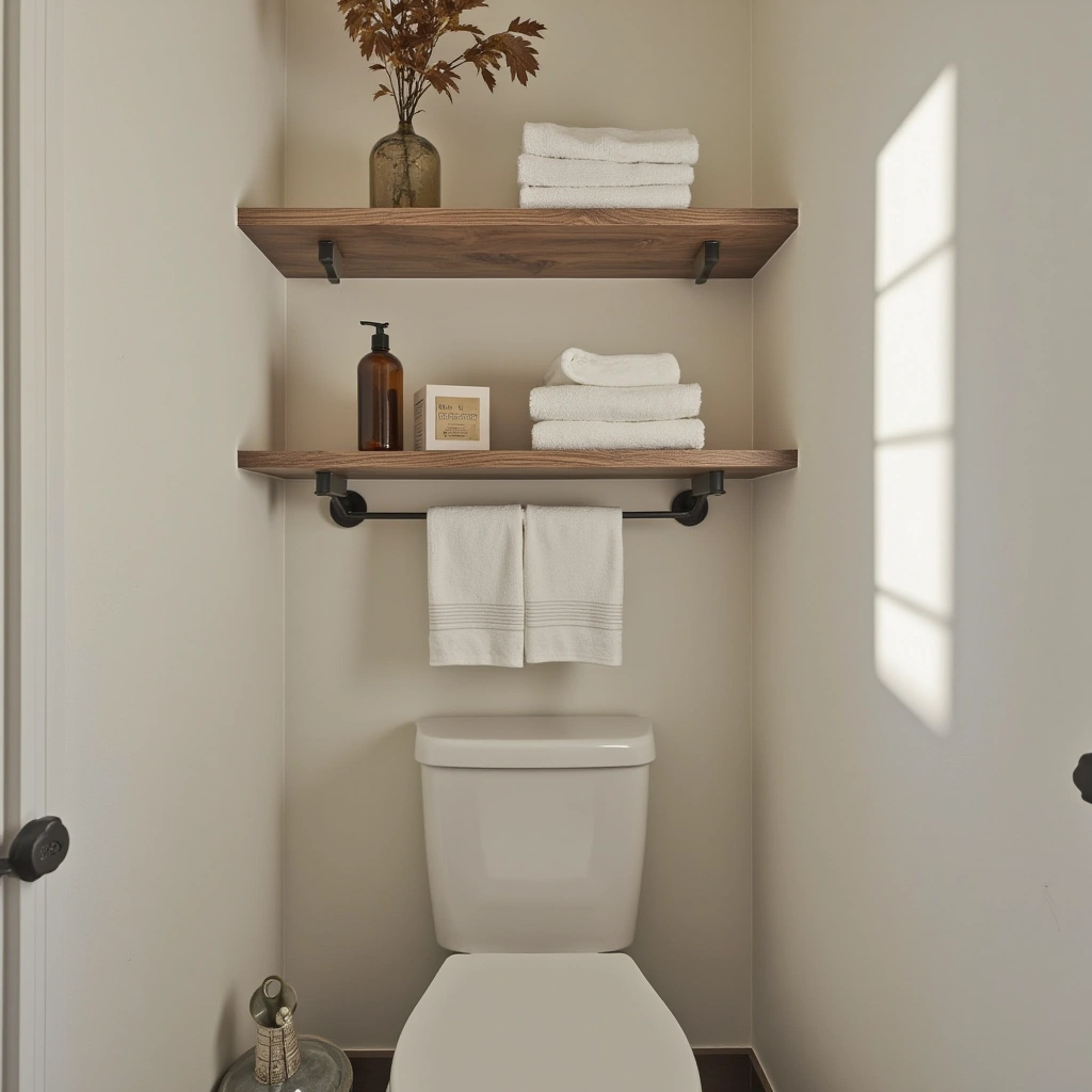 5. Floating Shelves with Towel Bars