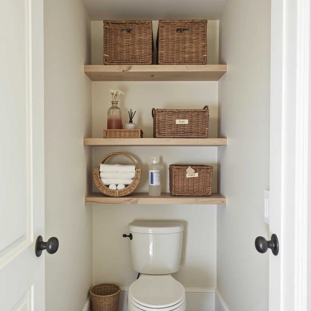 14. Shelves with Wicker Basket Storage