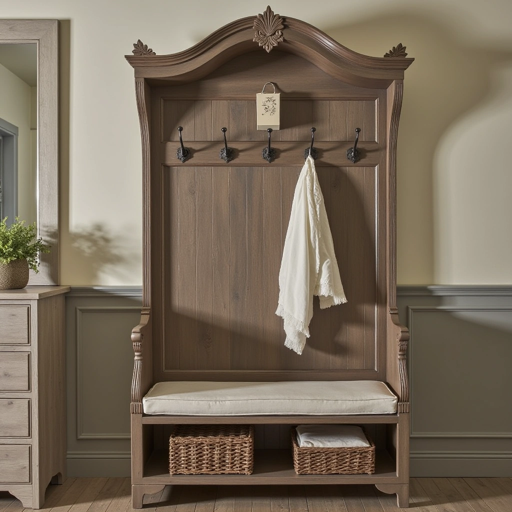 5. Vintage Hall Tree with Ornate Carvings and Antique Finish
