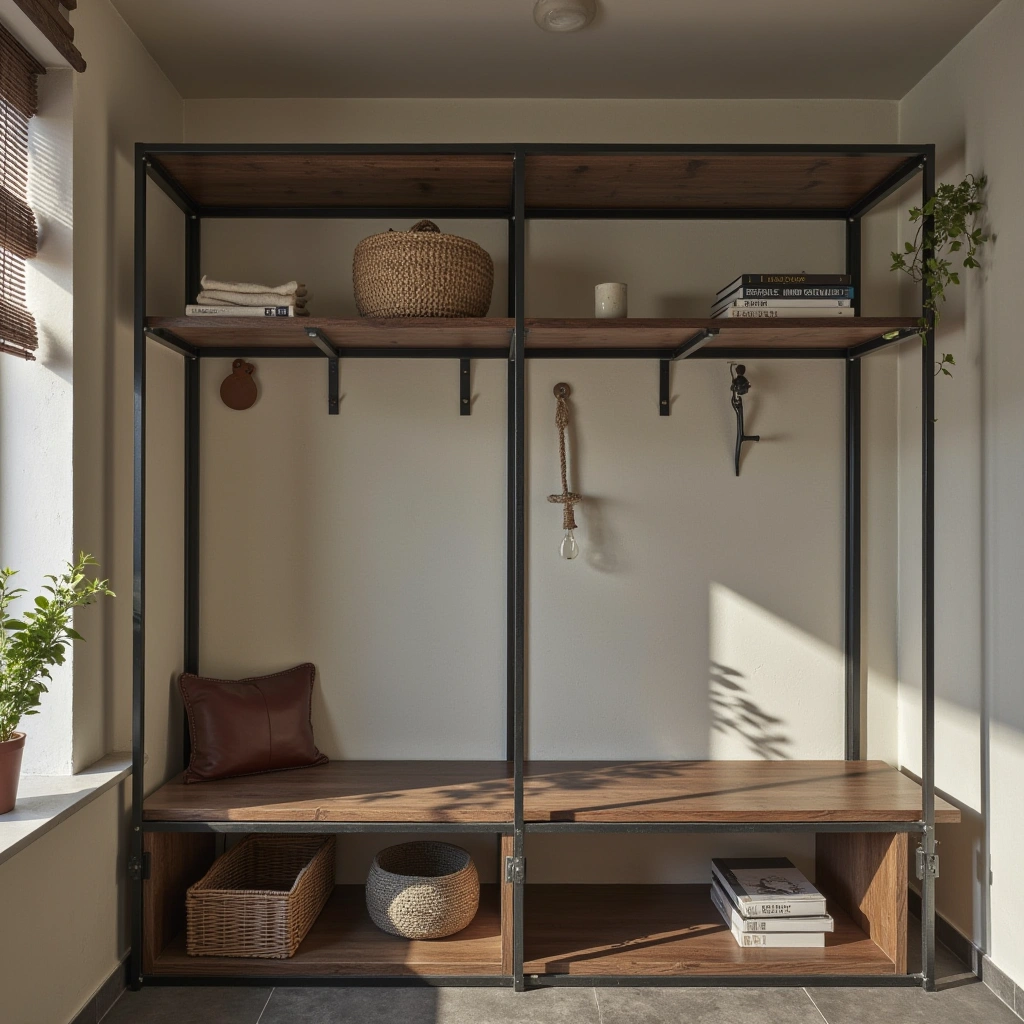 10. Industrial Hall Tree with Metal and Wood Combination