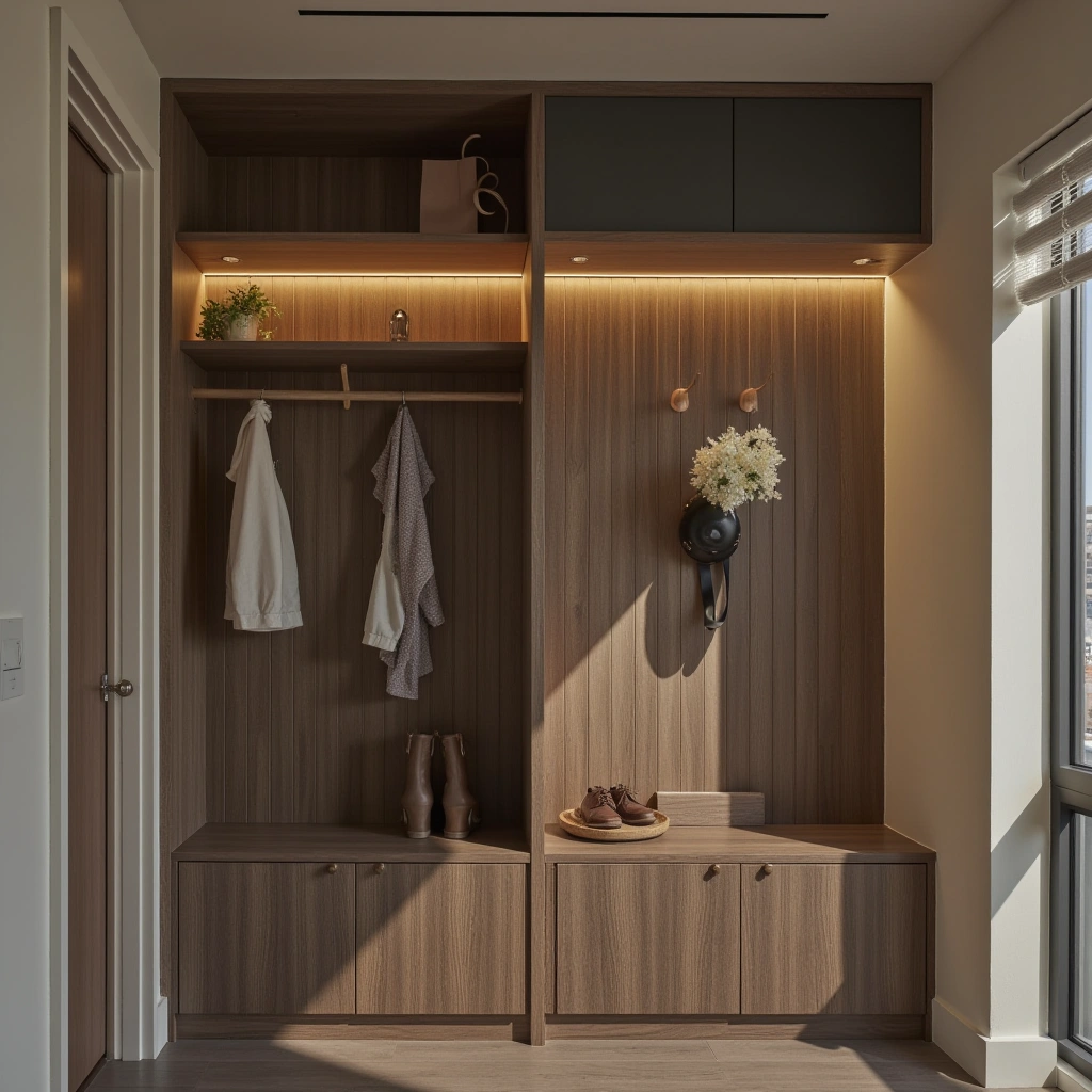 13. Smart Hall Tree with Built-In Charging Stations and LED Lighting