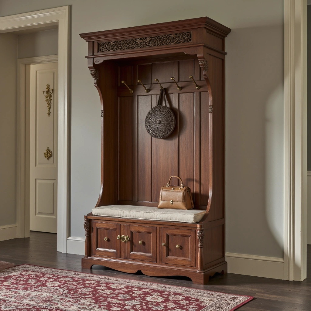 17. Traditional Hall Tree with Dark Wood and Elegant Details