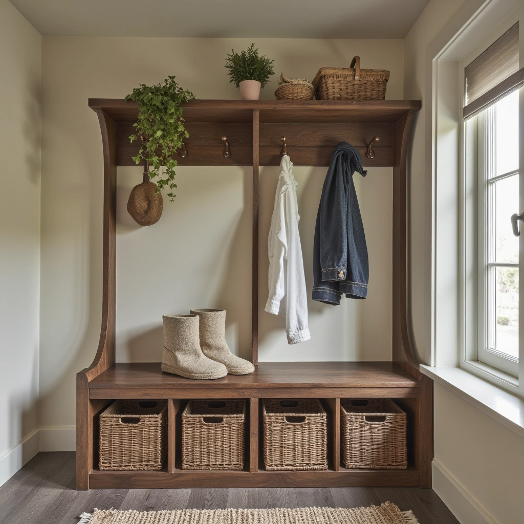 2. Rustic Wooden Hall Tree with Built-in Bench