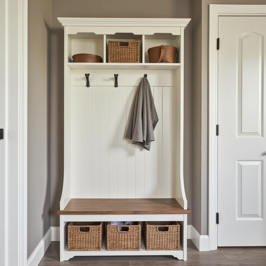 7. White Painted Hall Tree with Wicker Baskets
